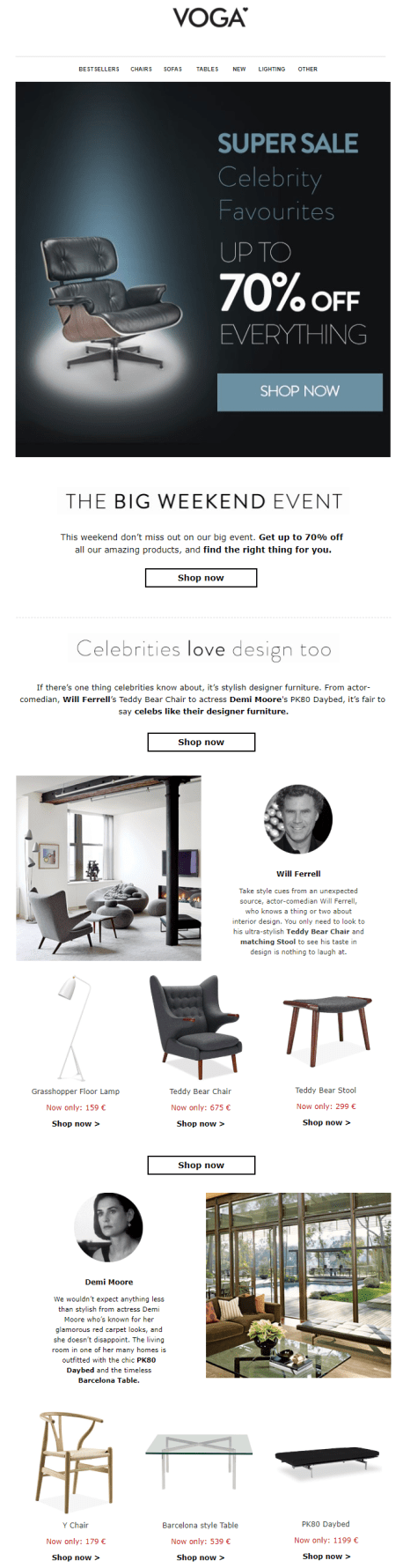 voga email marketing-celebrity furniture favourites